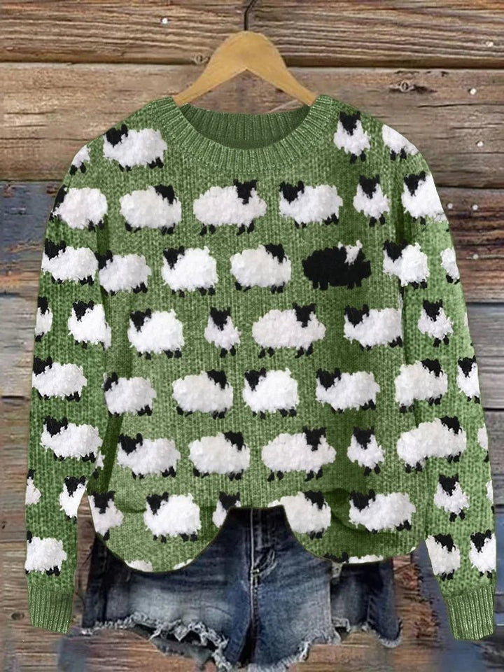 Fun sheep pattern women's sweater, a soft, cozy & warm long sleeve pullover for casual wear.