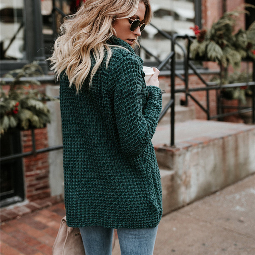 Elegant women's long-sleeve waffle knit sweater, featuring a high neck wrap design for warmth and sophisticated style.