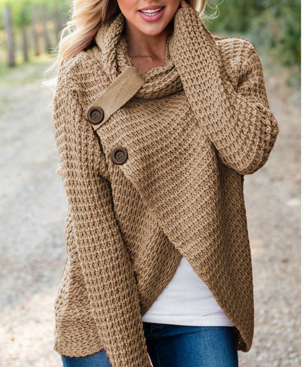 Cozy women's high neck wrap sweater in a textured waffle knit, ideal for winter fashion and comfortable, warm tops.