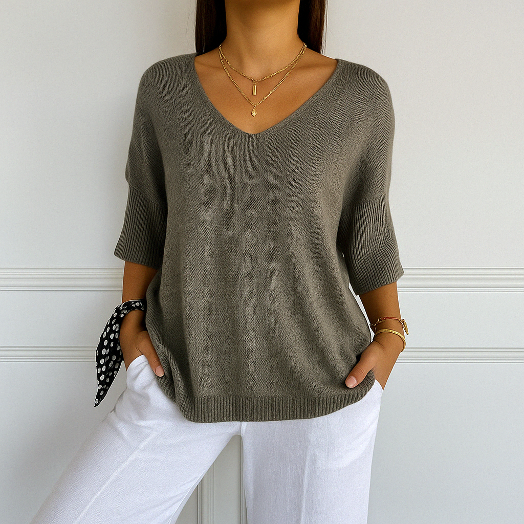 Women's soft yellow v-neck short sleeve lightweight knit sweater, relaxed fit for summer casual wear