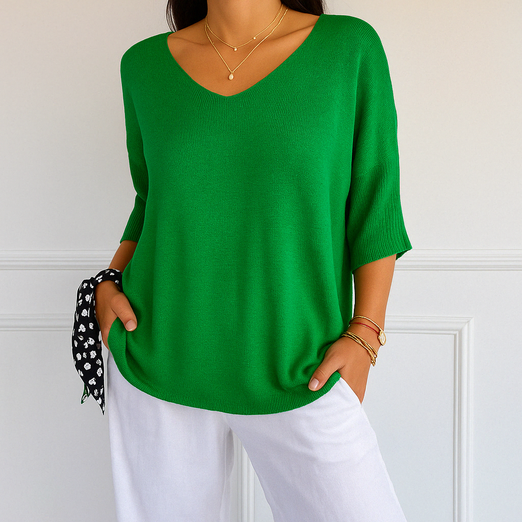 Array of women's v-neck short sleeve lightweight sweaters in various colors, ideal for everyday