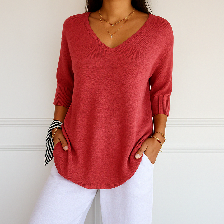 Women's v-neck short sleeve lightweight knit sweater in grey, comfortable and casual summer top
