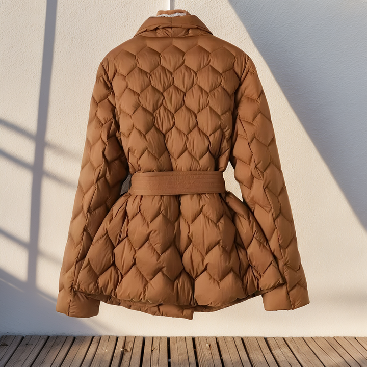 Elegant women's padded winter coat with belted waist for a chic, flattering look.