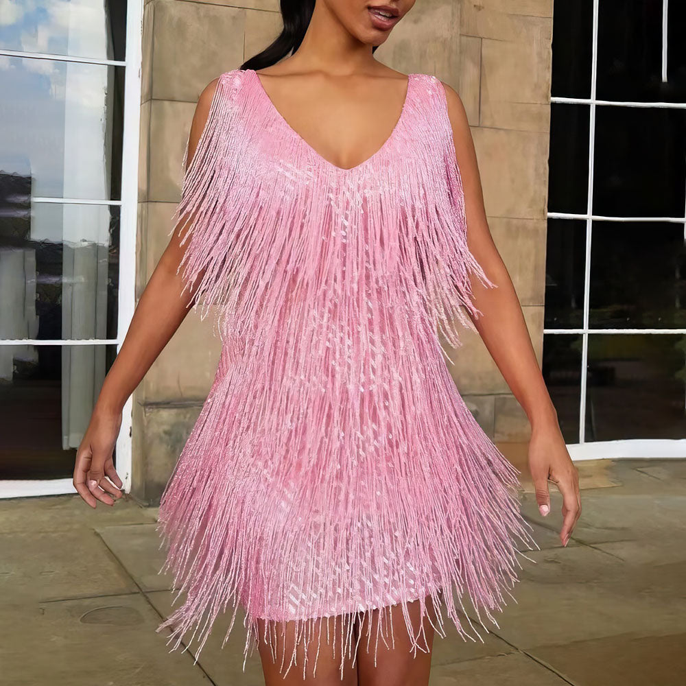 Glamorous women's sequin & fringe evening dress for festive summer celebrations.