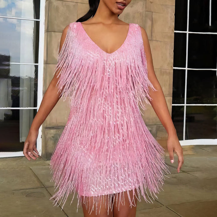 Glamorous women's sequin & fringe evening dress for festive summer celebrations.