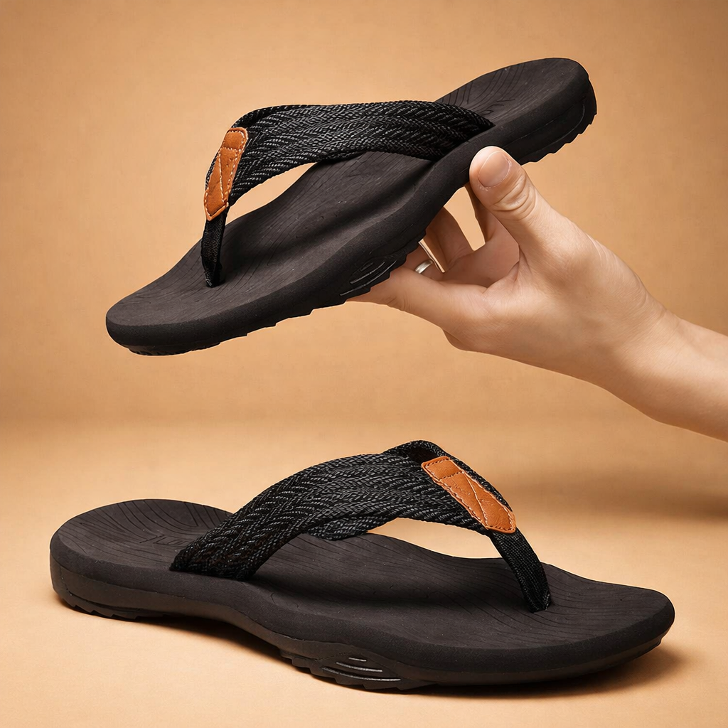 Women's sporty toe strap flip-flops in black, offering active comfort. Ideal lightweight summer and beach sandals.