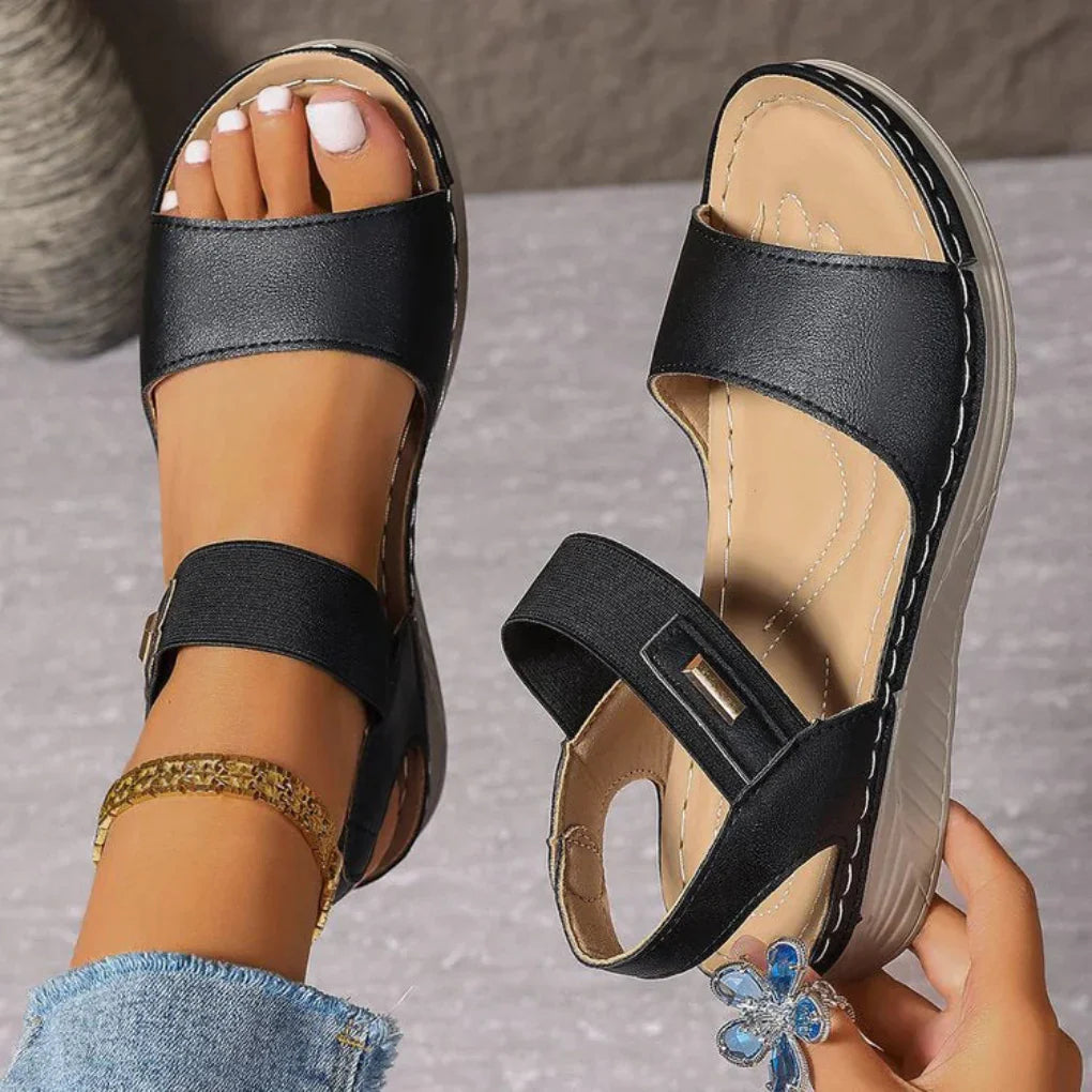 Women's Spring Adjustable Strap Comfort Sandals. Black, open toe flats for everyday wear.