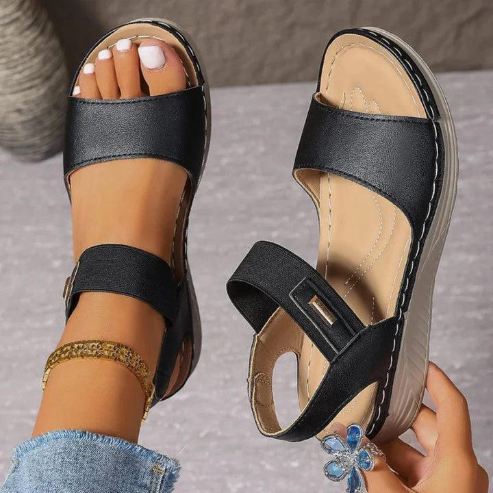 Women's Spring Adjustable Strap Comfort Sandals. Black, open toe flats for everyday wear.