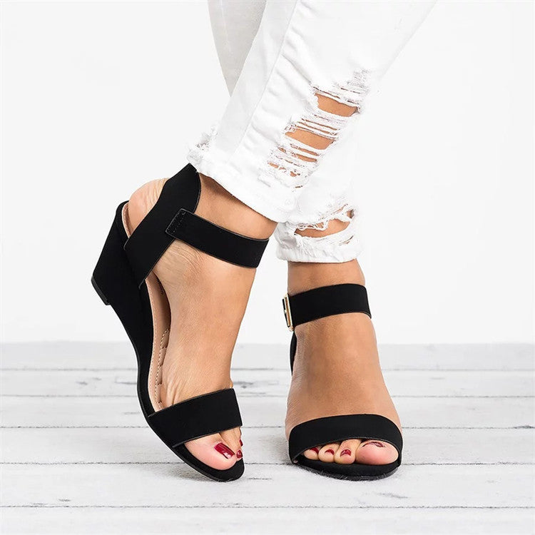 Women's spring ankle strap wedge sandals, black, casual open toe summer shoes