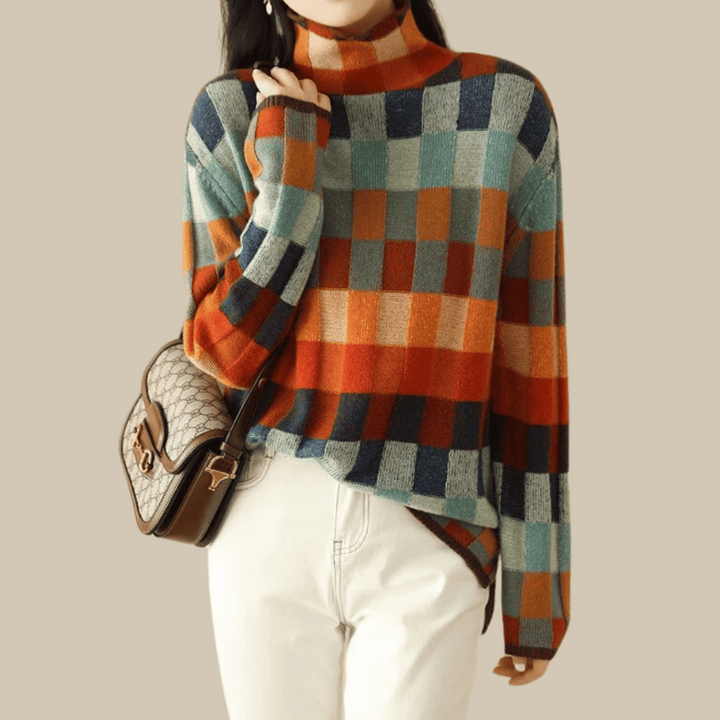 Women's spring colorblock check turtleneck sweater; relaxed fit, long sleeve knit