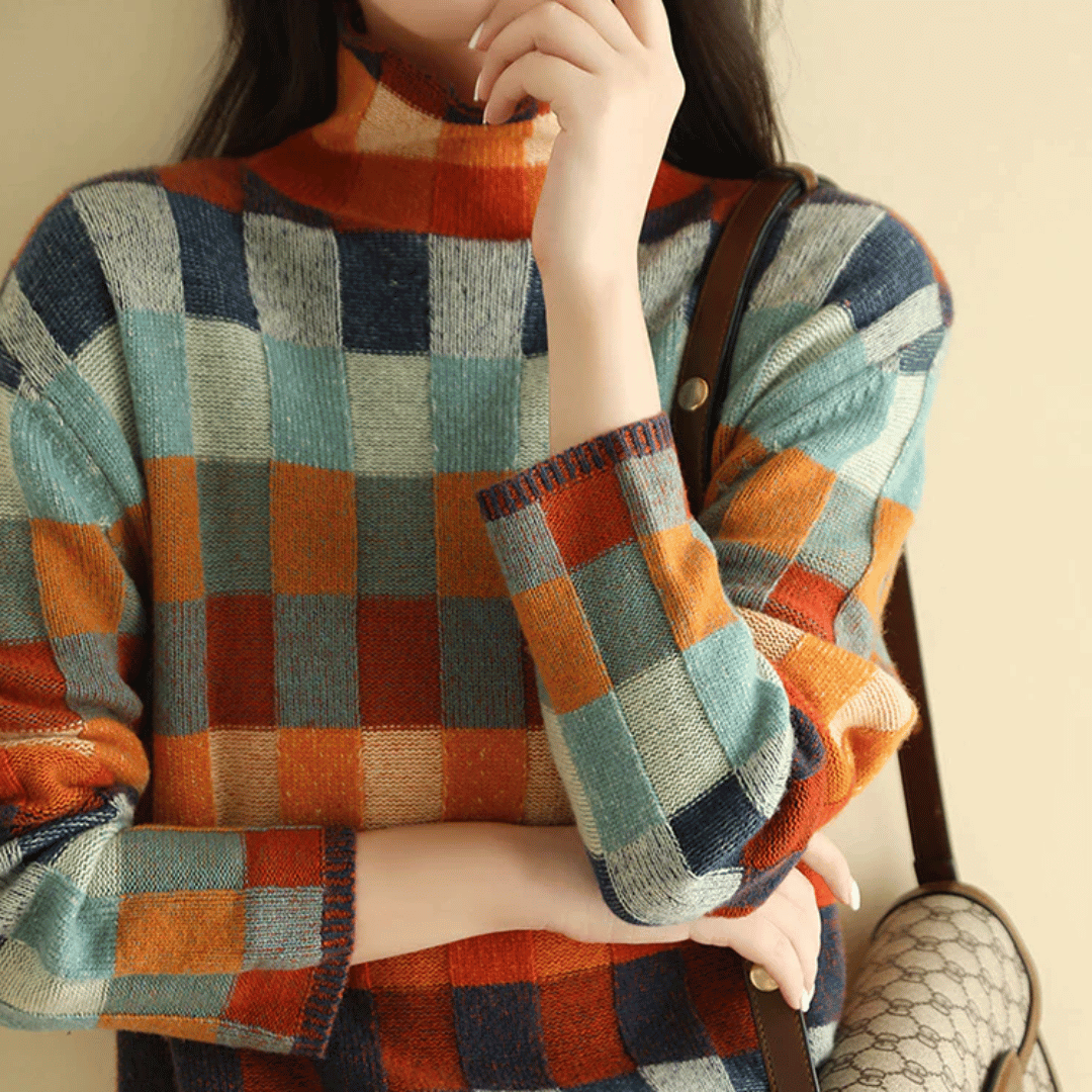 Long sleeve women's checked colorblock spring fashion turtleneck sweater