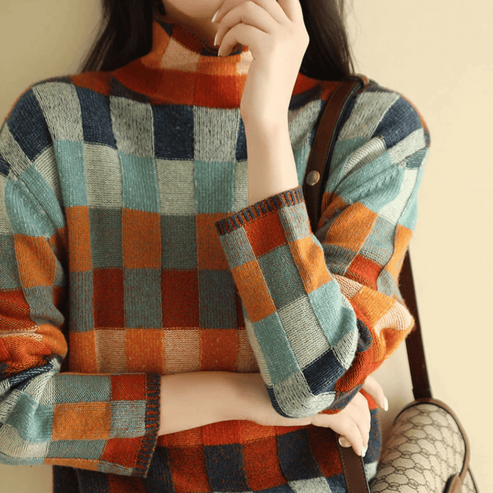 Long sleeve women's checked colorblock spring fashion turtleneck sweater
