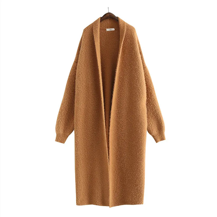 Elegant women's soft knit longline cardigan, ideal for spring casual wear and layering.