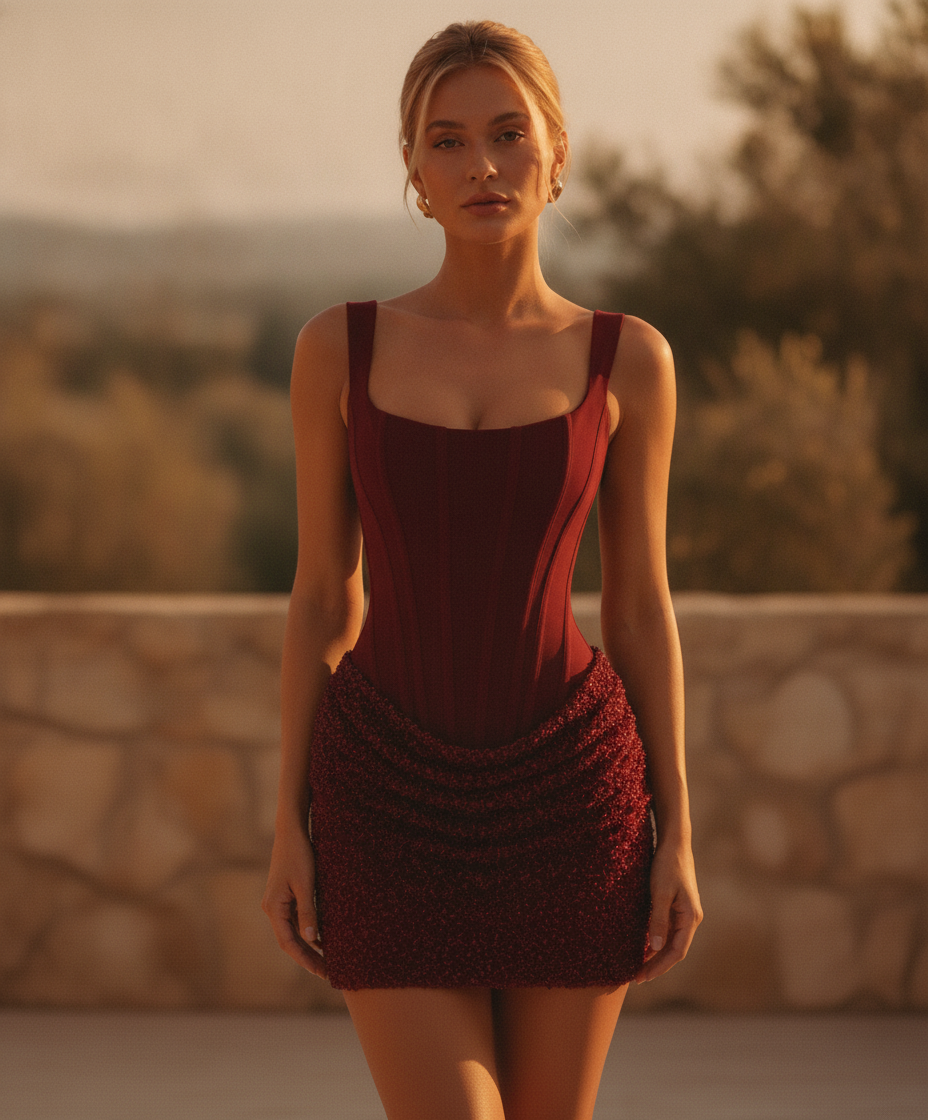 Women's square neck corset bodycon mini dress, ideal for parties & night out occasions.