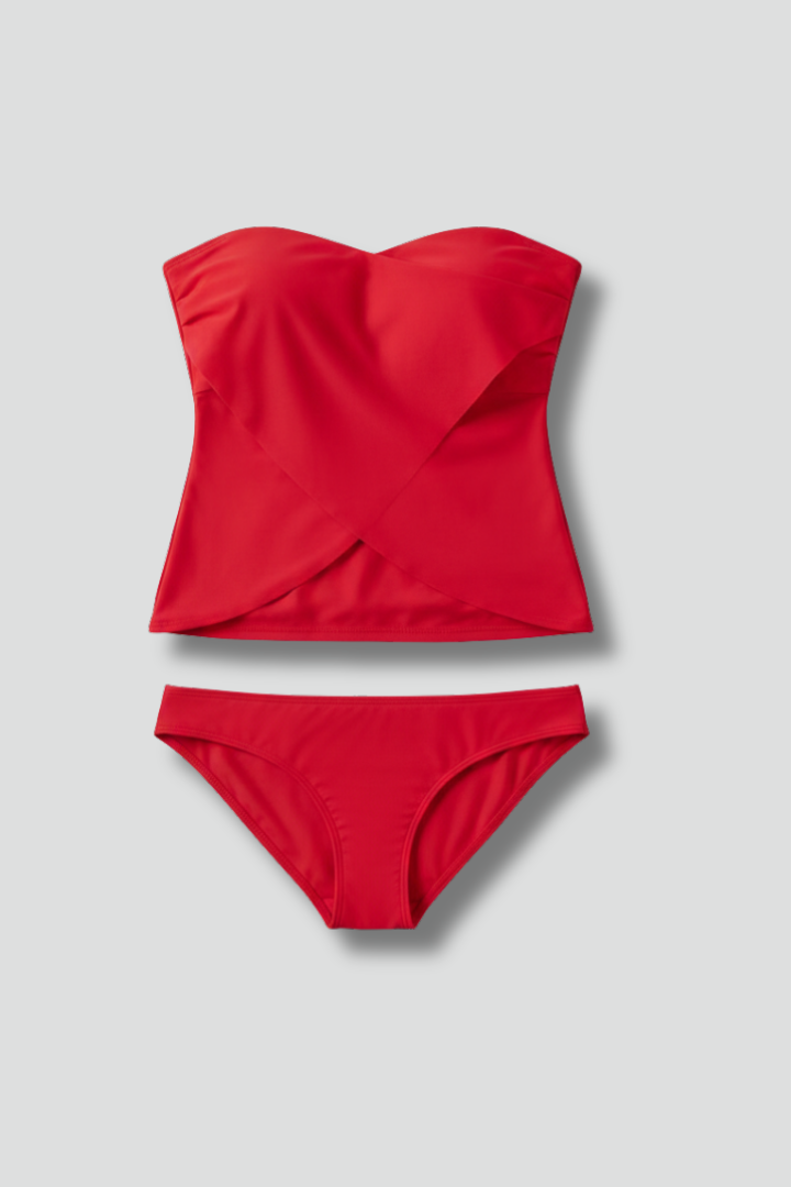 Women's strapless tankini set in a vibrant blue, perfect for beachwear and poolside fashion.