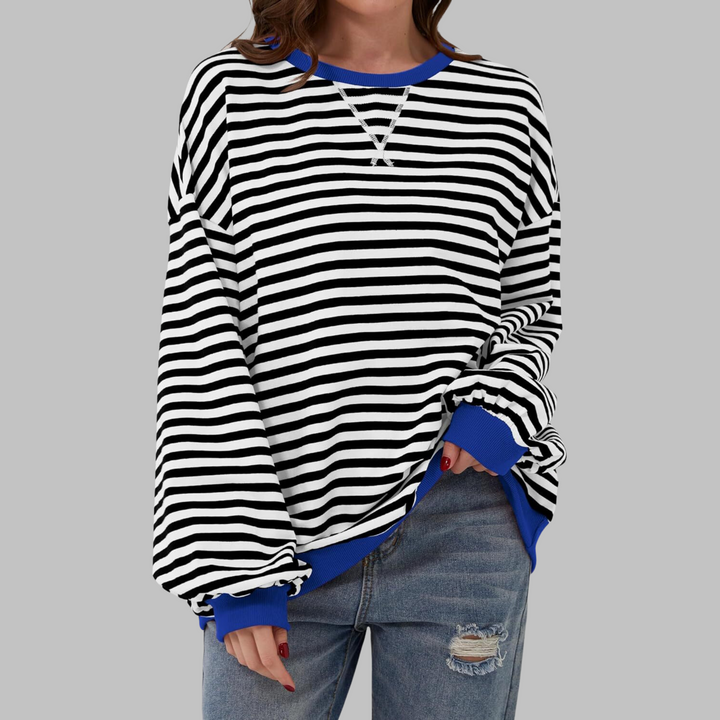 Women's striped cotton blend crewneck jumper, a loose fit long sleeve casual sweater in vibrant colors.