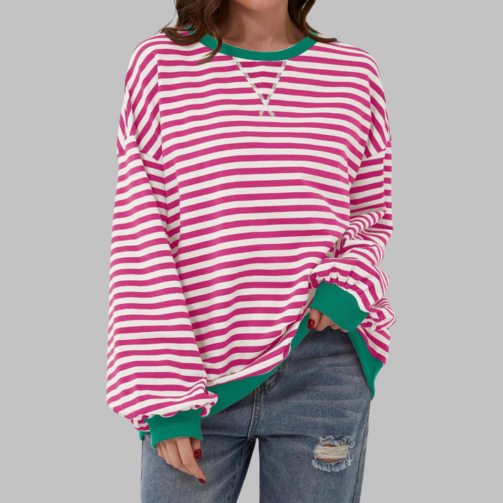 Women's striped long sleeve jumper, a casual crewneck sweater made from a premium cotton blend.