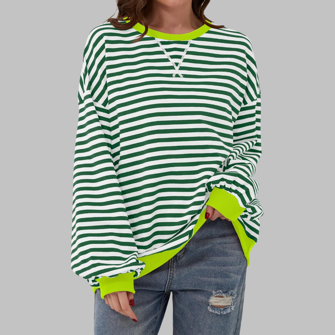 Colorful striped cotton blend crewneck jumper, offering a trendy loose fit for women's casual wear.