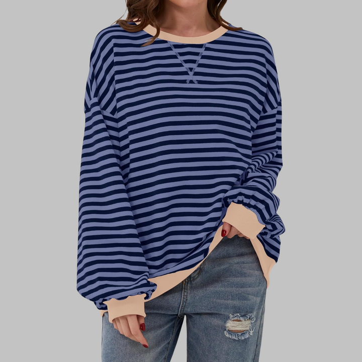 Front view of a women's striped cotton blend long sleeve jumper, ideal for everyday casual wear.