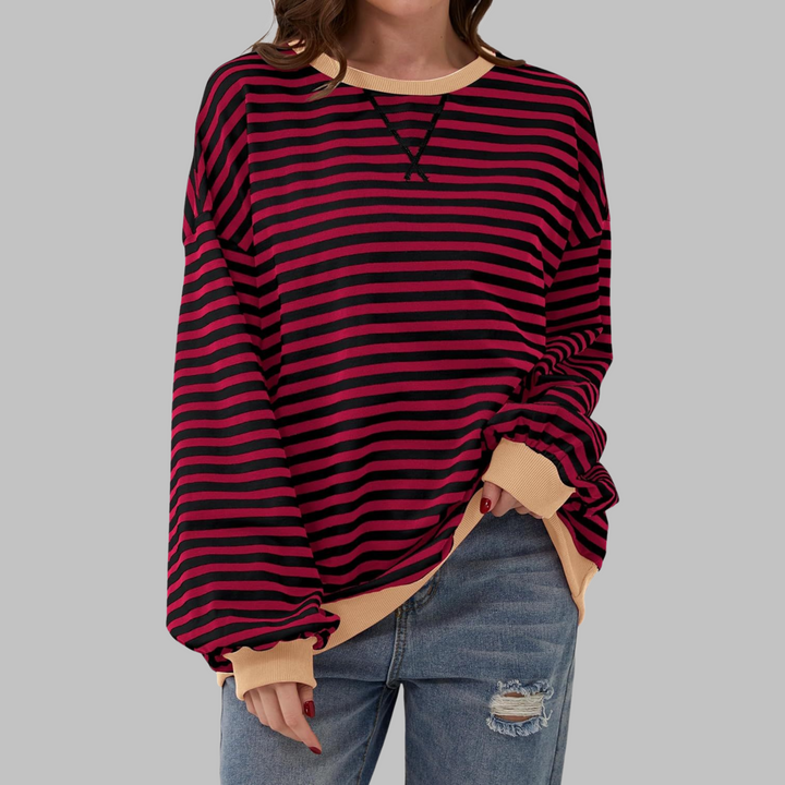 Comfortable loose fit women's striped cotton blend sweater, a versatile long sleeve casual top.