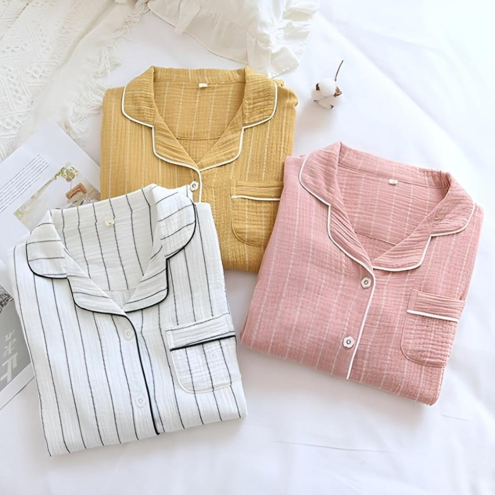 Women's striped cotton gauze nightgown, breathable, knee-length, relaxed fit loungewear