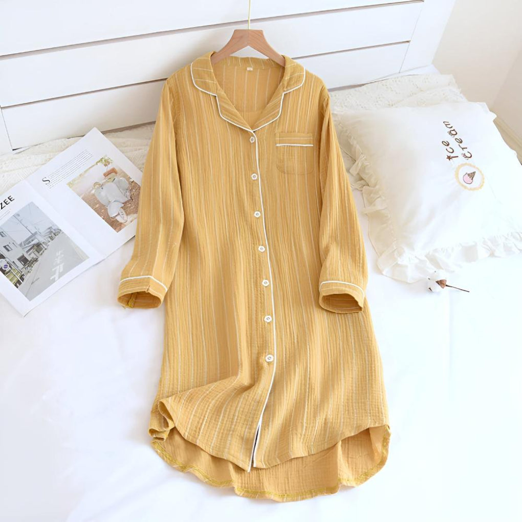 Long sleeve women's cotton gauze striped sleepwear, perfect summer nightie