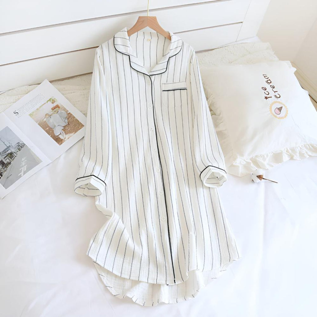 Knee-length women's striped cotton gauze nightgown, breathable loungewear for summer