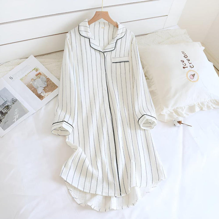 Knee-length women's striped cotton gauze nightgown, breathable loungewear for summer