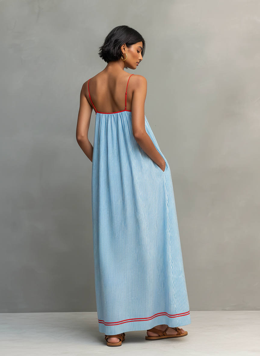 Sleeveless striped maxi dress for women, featuring a gathered design and delicate spaghetti straps.