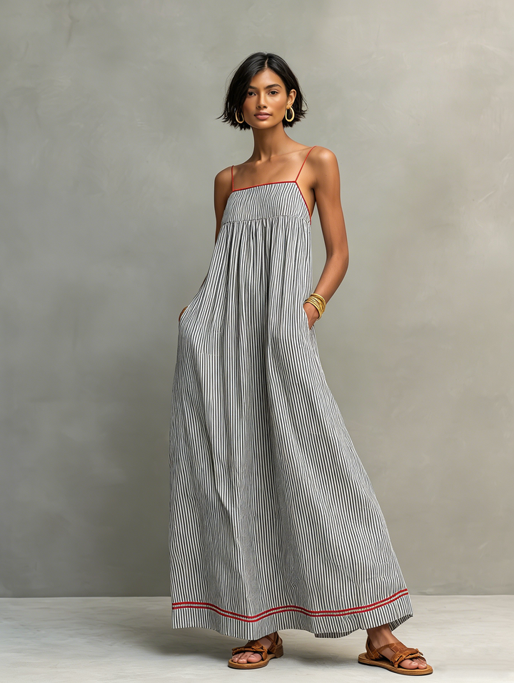 Stylish women's striped sleeveless maxi dress with thin spaghetti straps, a versatile spring/summer essential.