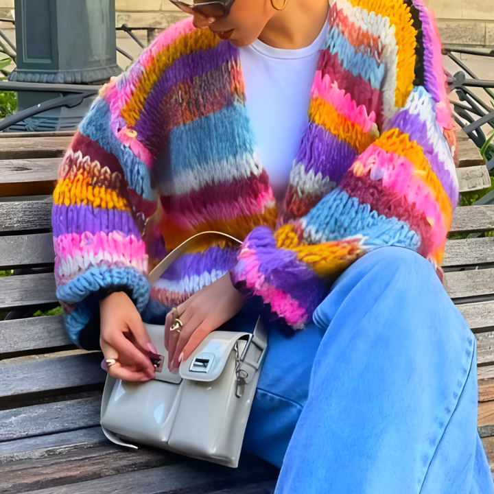 Women's striped open front cardigan, perfect for casual layering in fall or spring fashion.