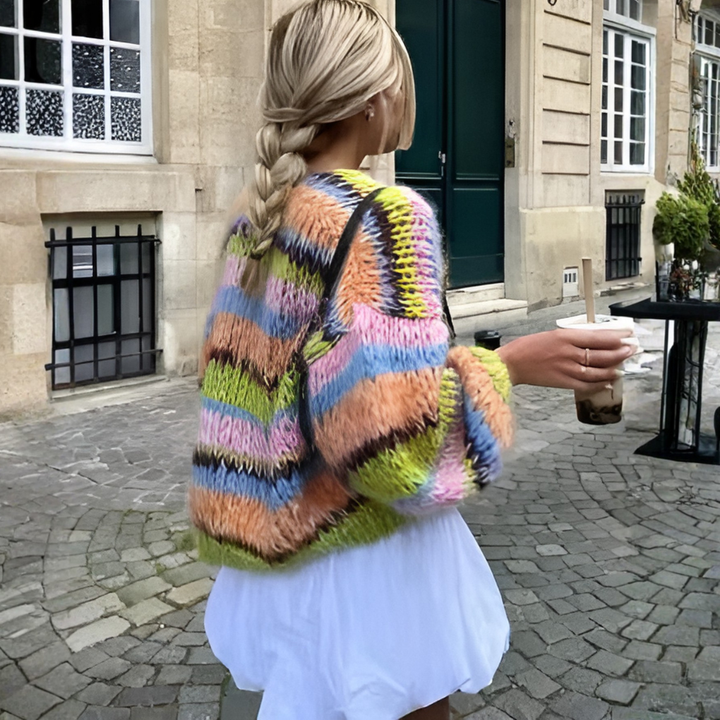 Casual women's open front striped cardigan, ideal for everyday wear and transitional seasons.