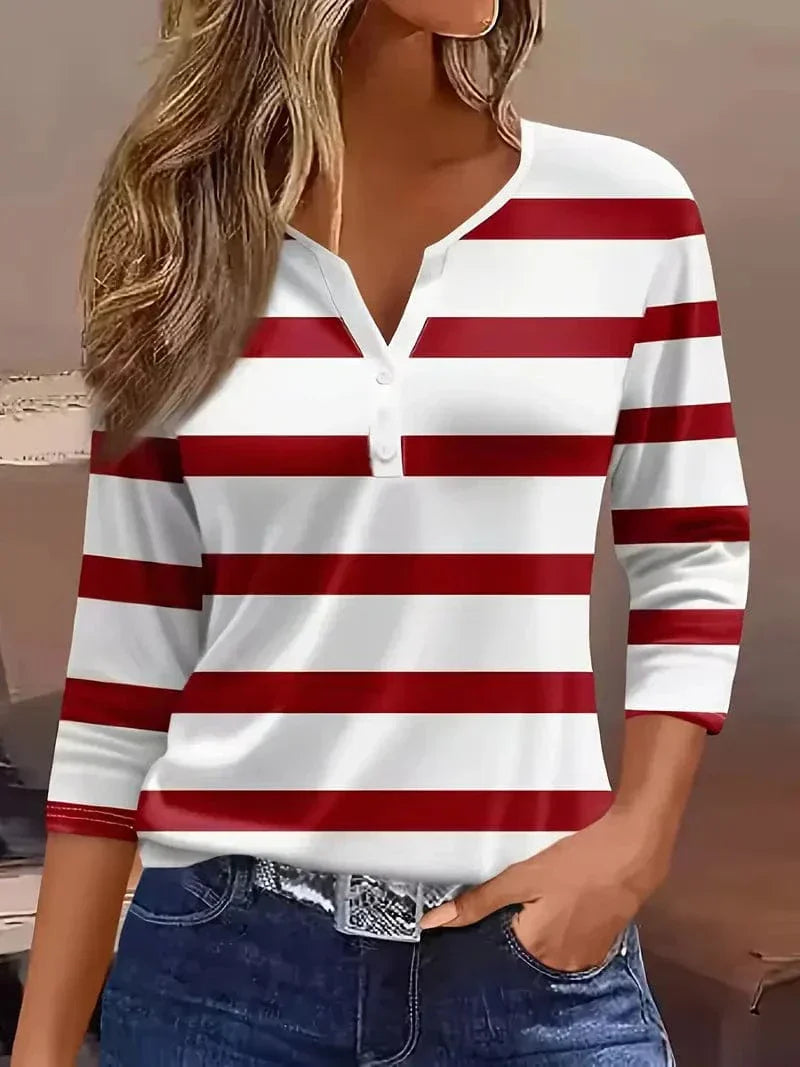 Women's striped V-neck 3/4 sleeve top, nautical fashion for casual summer wear