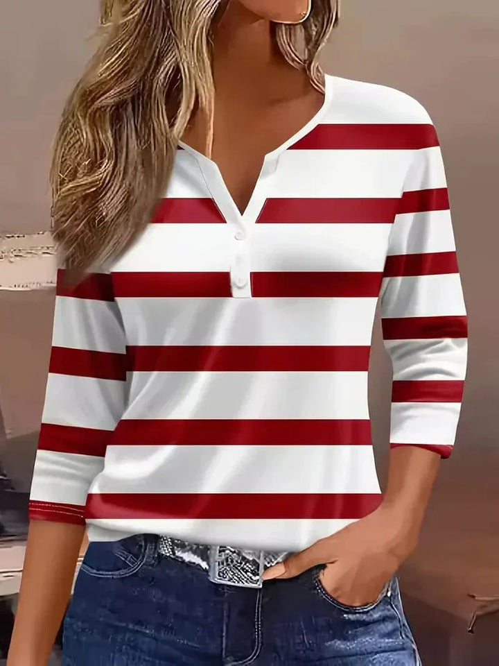 Women's striped V-neck 3/4 sleeve top, nautical fashion for casual summer wear
