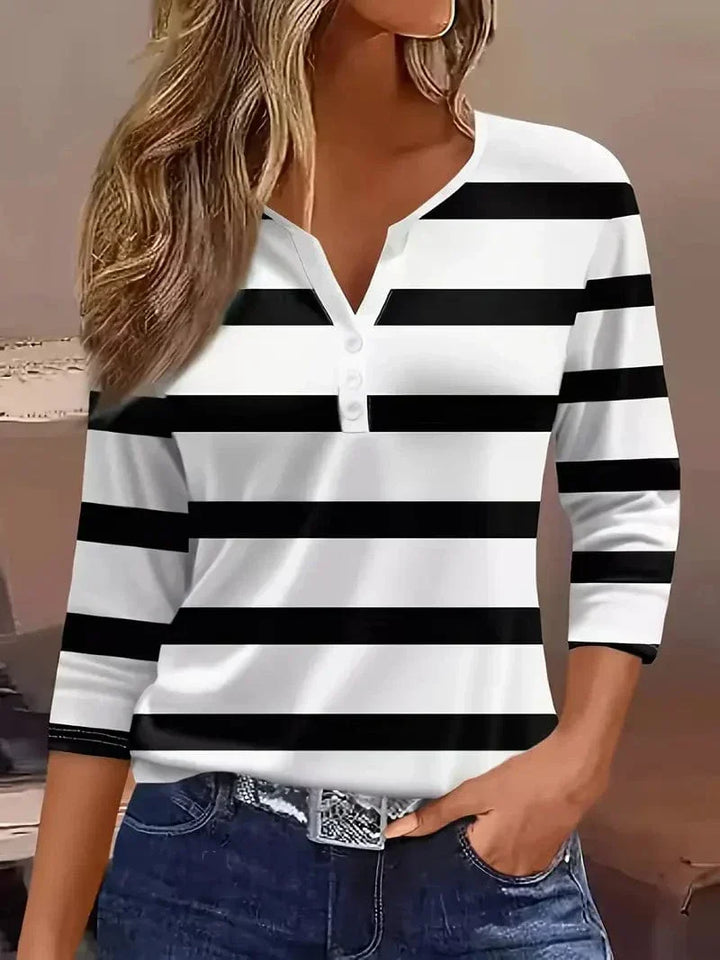 Fashionable women's striped V-neck blouse, perfect 3/4 sleeve top for summer