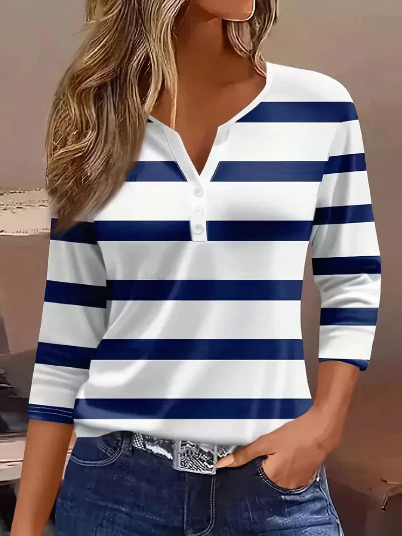 Nautical striped 3/4 sleeve top for women, comfortable V-neck casual wear