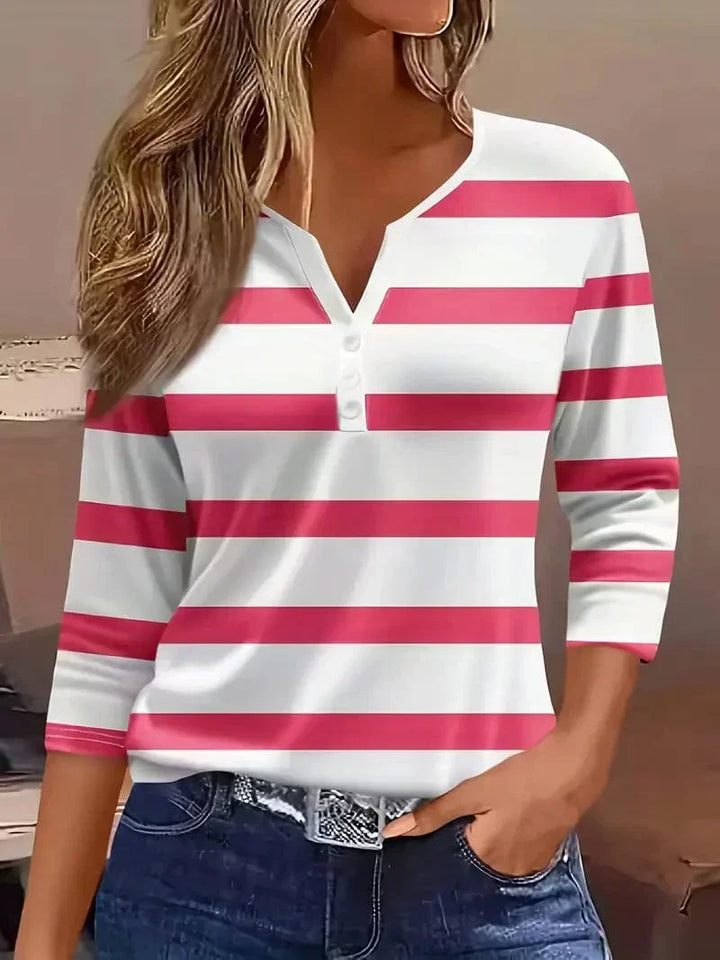 Casual breathable women's V-neck blouse with stylish stripes and 3/4 sleeves
