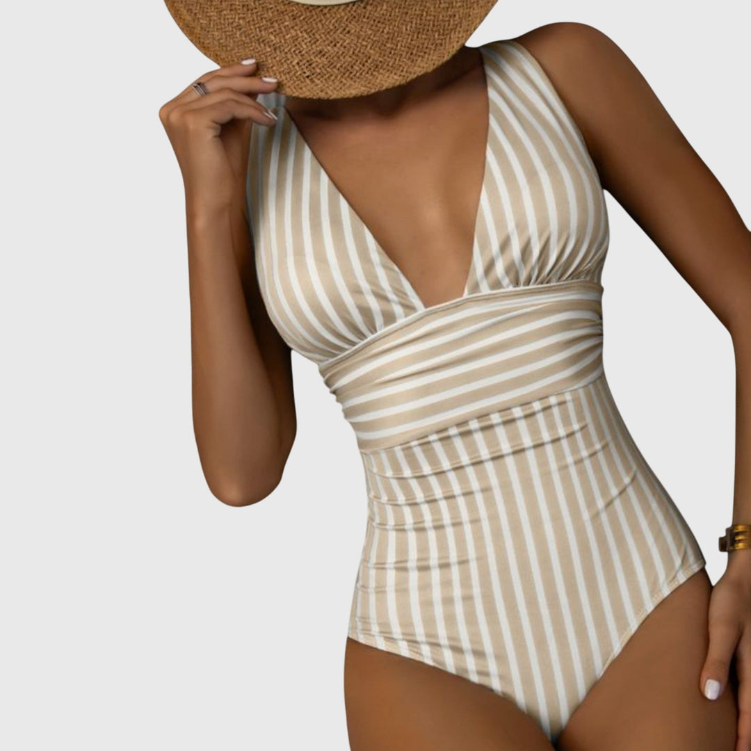 Women's striped V-neck one-piece swimsuit in blue, perfect for beachwear & summer poolside