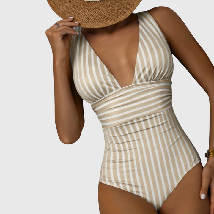 Women's striped V-neck one-piece swimsuit in blue, perfect for beachwear & summer poolside