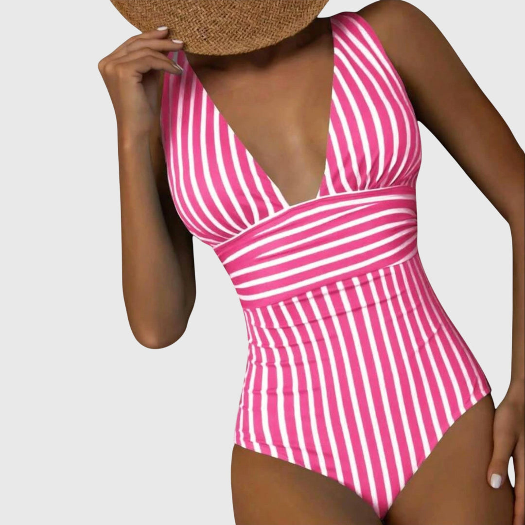 Striped V-neck one-piece swimsuit for women, showcasing its elegant design, summer essential