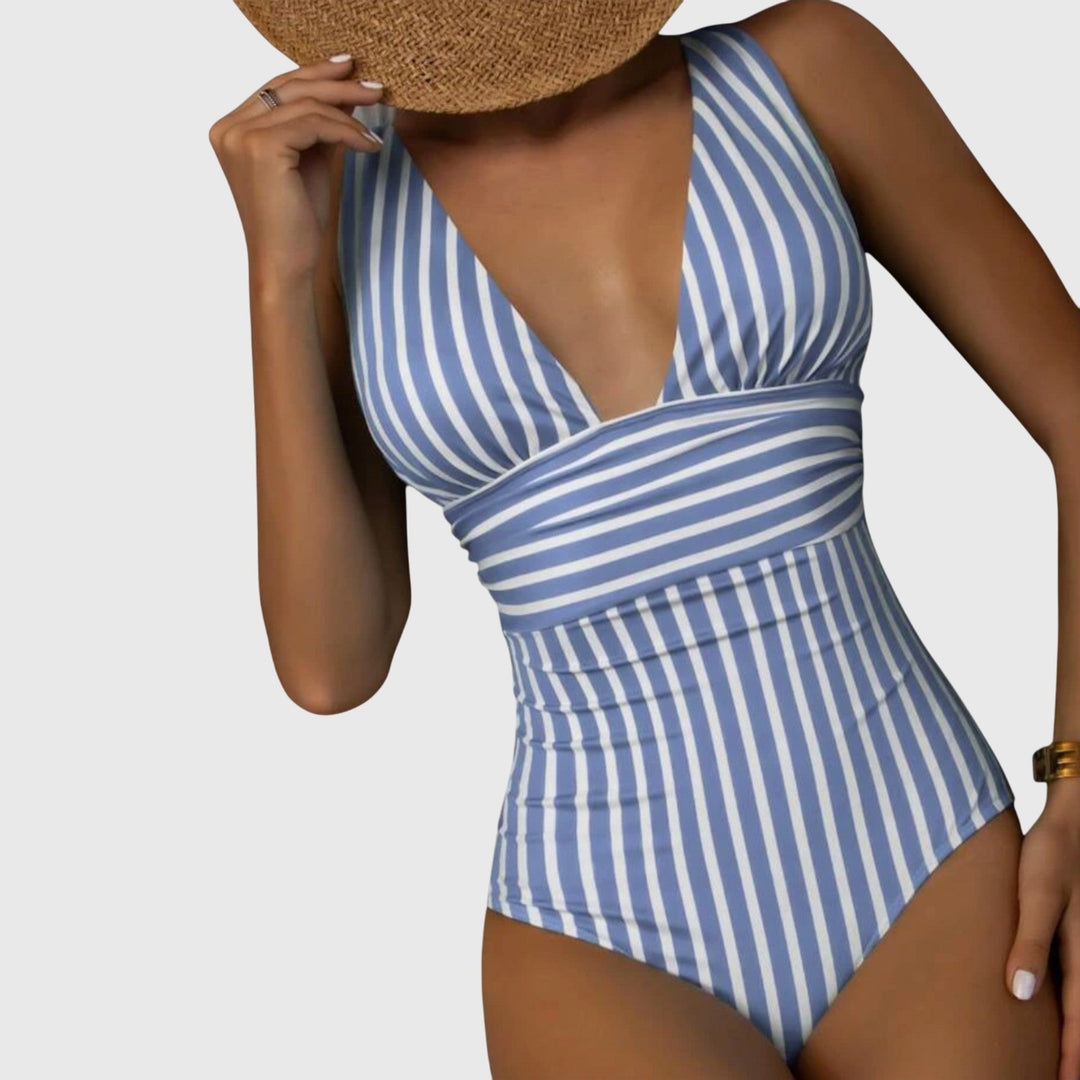 Fashionable women's striped V-neck one-piece swimsuit, ideal for beachwear or sunbathing