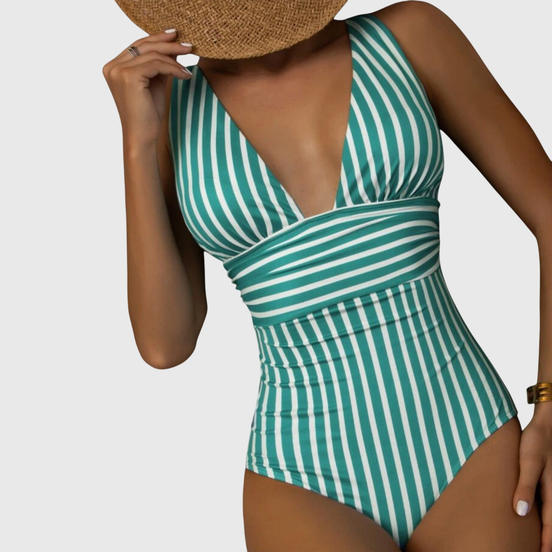 Full-body view of women's trendy striped V-neck one-piece swimsuit, summer style beachwear