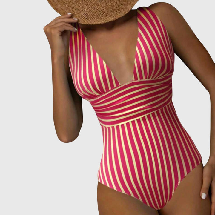 Side profile of women's striped V-neck one-piece swimsuit, comfortable summer beachwear