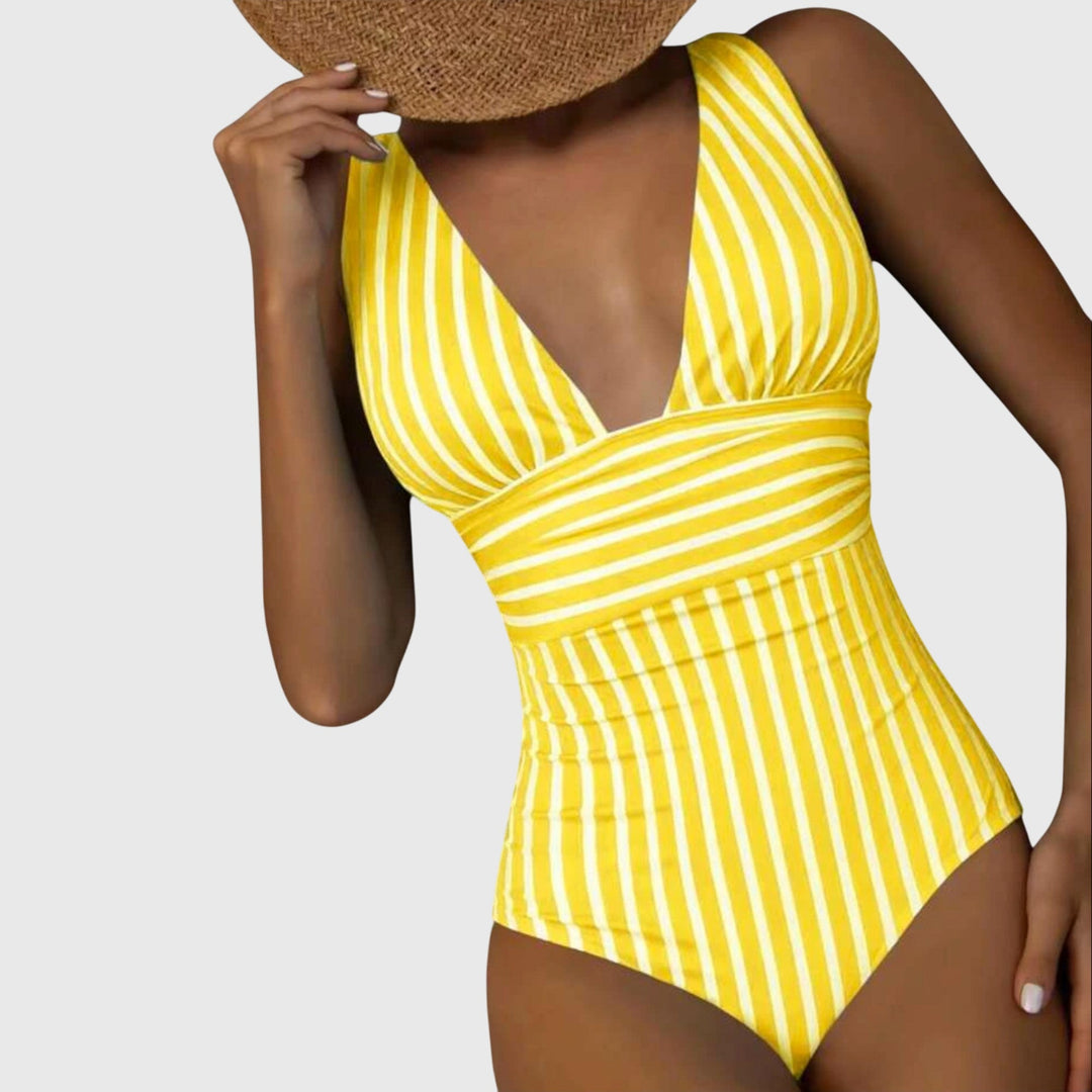 Vibrant striped V-neck one-piece swimsuit for women, perfect addition to summer swimwear
