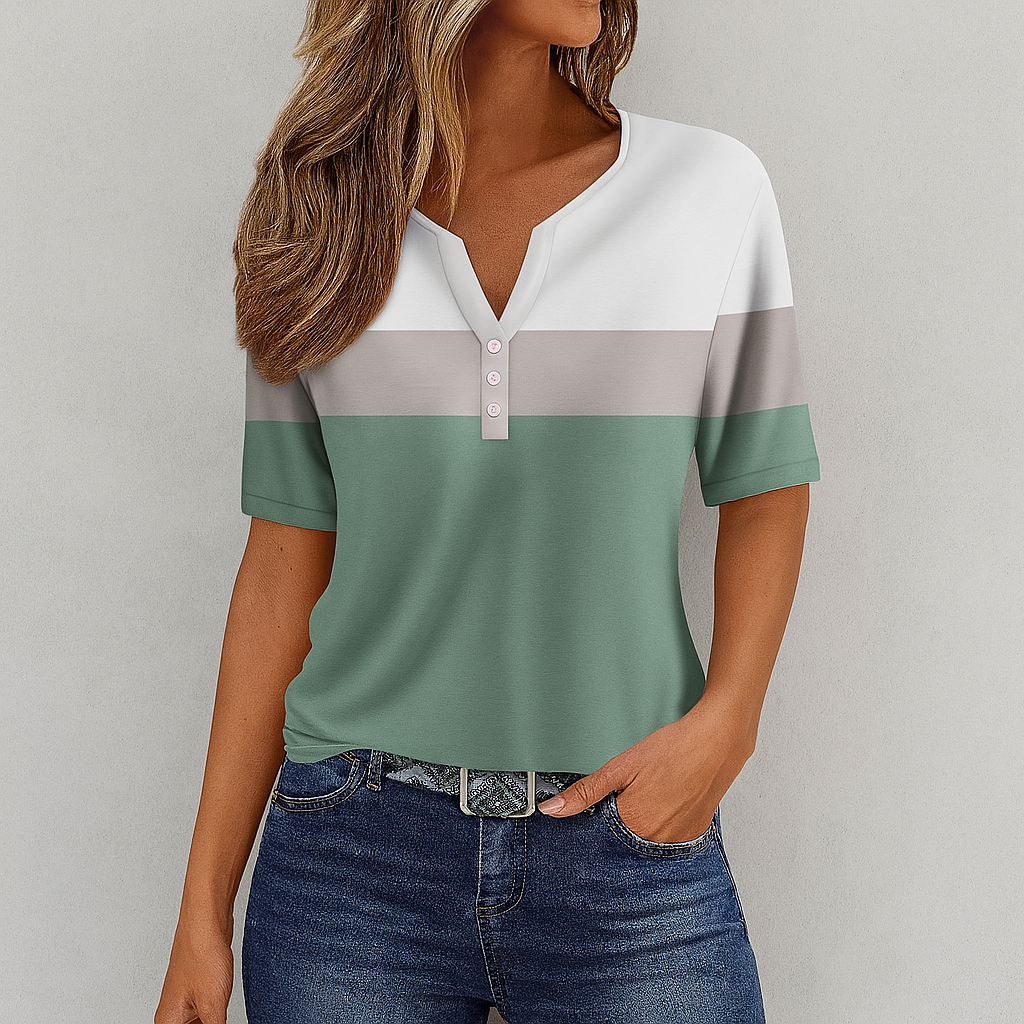 New women's apparel: striped V-neck t-shirt featuring button accents and color block design