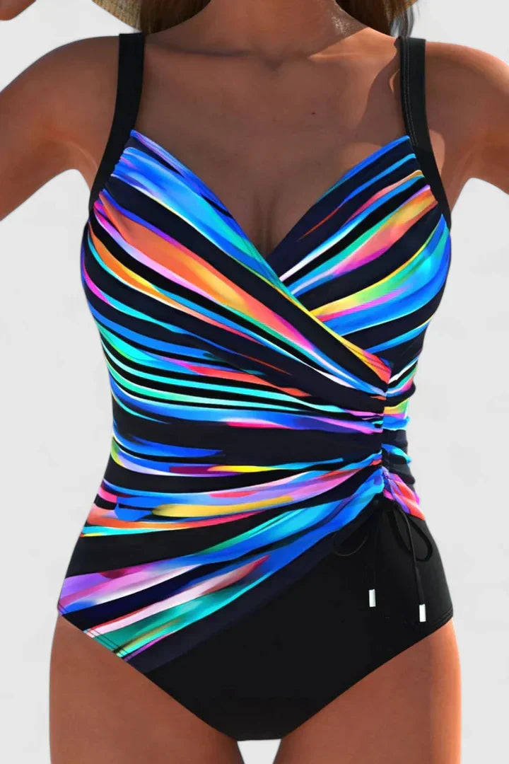 Ruched striped one-piece swimwear, elegant and comfortable beachwear