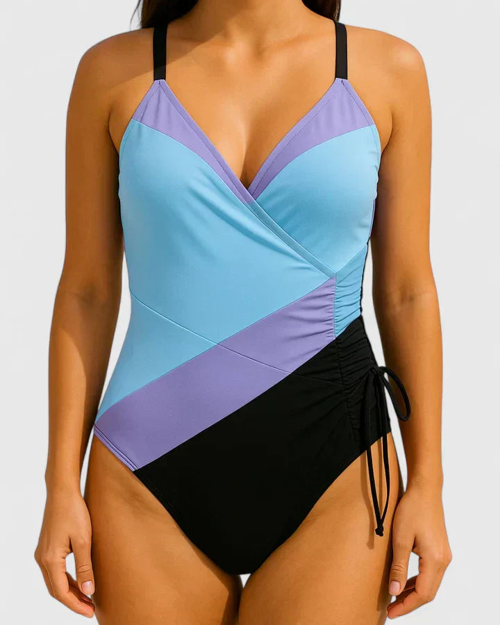 Striped wrap-front swimsuit, ruched detail, women's vacation essential