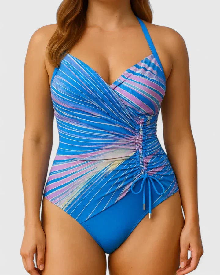 Chic striped one-piece swimwear, wrap-front style, comfortable fit