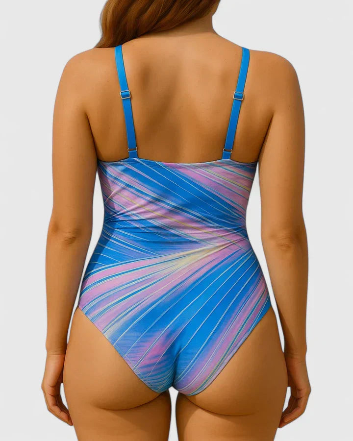 Women's wrap-front striped swimsuit, great for beach and poolside