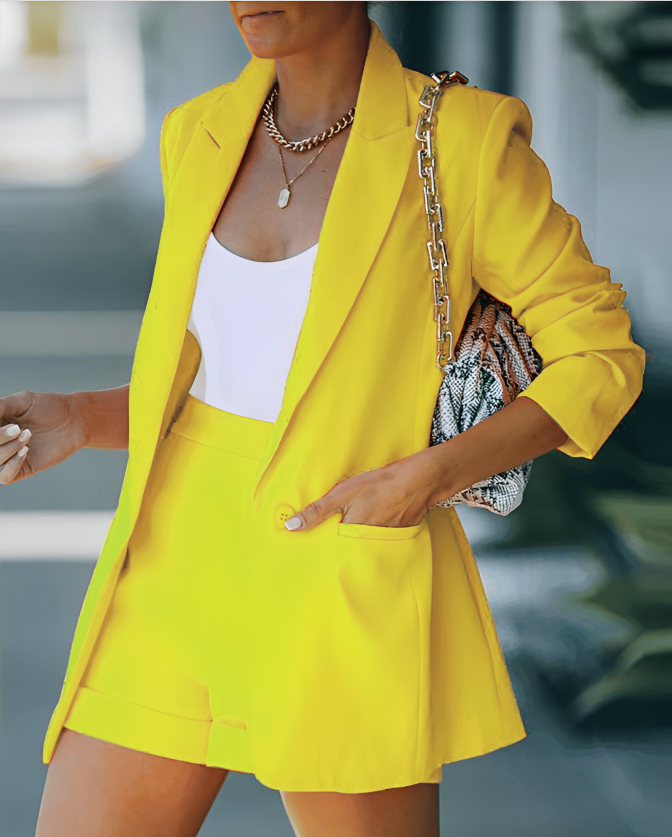 Fashionable women's two-piece: a smart casual structured blazer and tailored shorts for spring/summer.